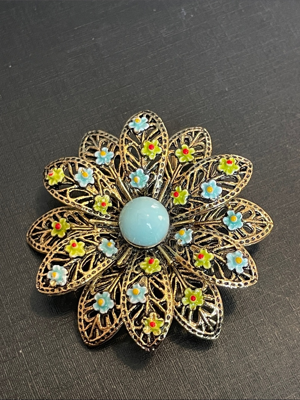 Vintage Arthur Pepper Flower Brooch Enamel Flowers Antiqued Gold Tone Filigree